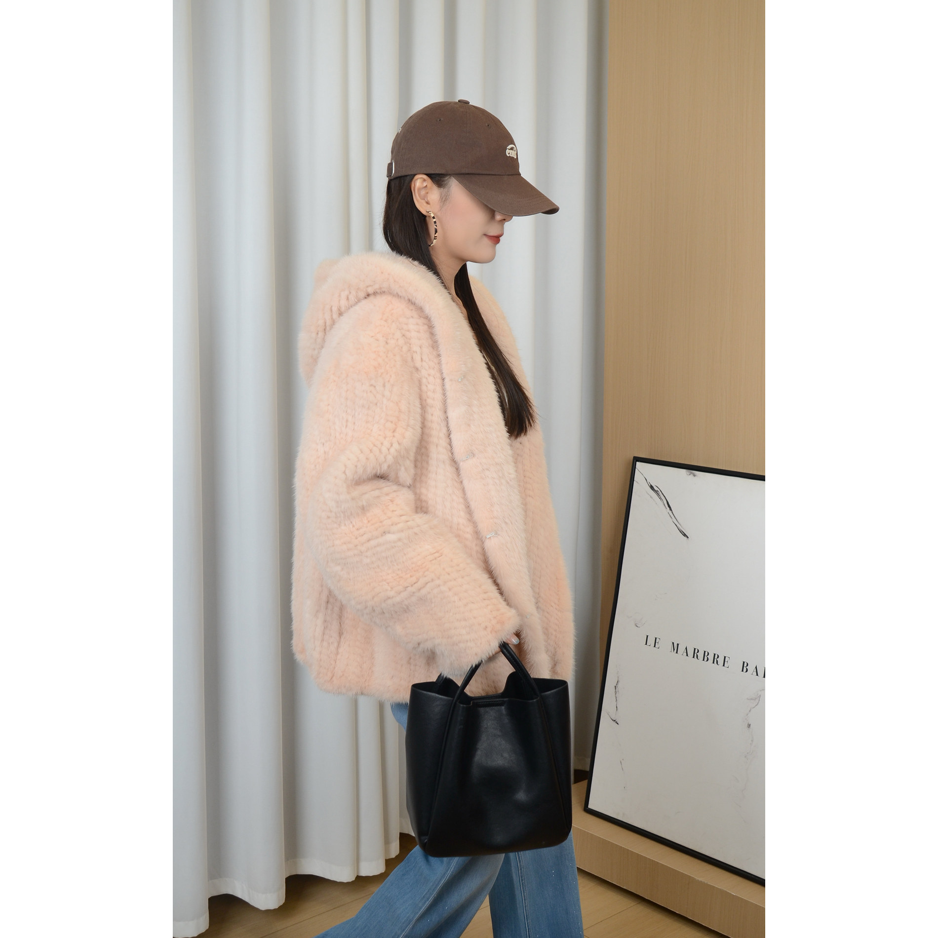 彩色貂毛编织上衣宽松版连帽水貂进口白貂染色加密编织慵懒保暖