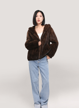 LEI 休闲慵懒水貂毛编织款连帽外套加厚保暖编织貂女时尚皮草卫衣