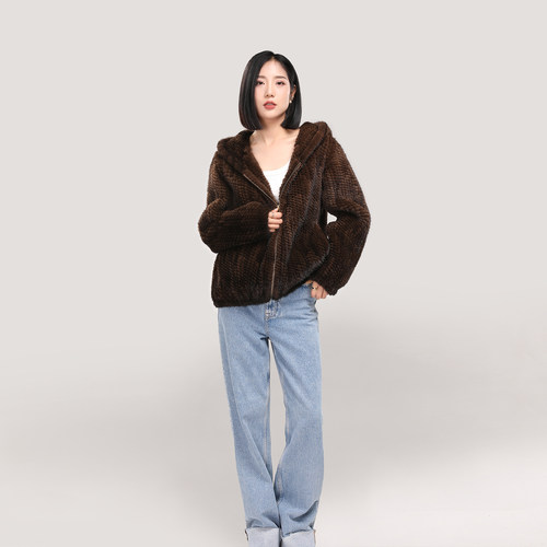 LEI 休闲慵懒水貂毛编织款连帽外套加厚保暖编织貂女时尚皮草卫衣