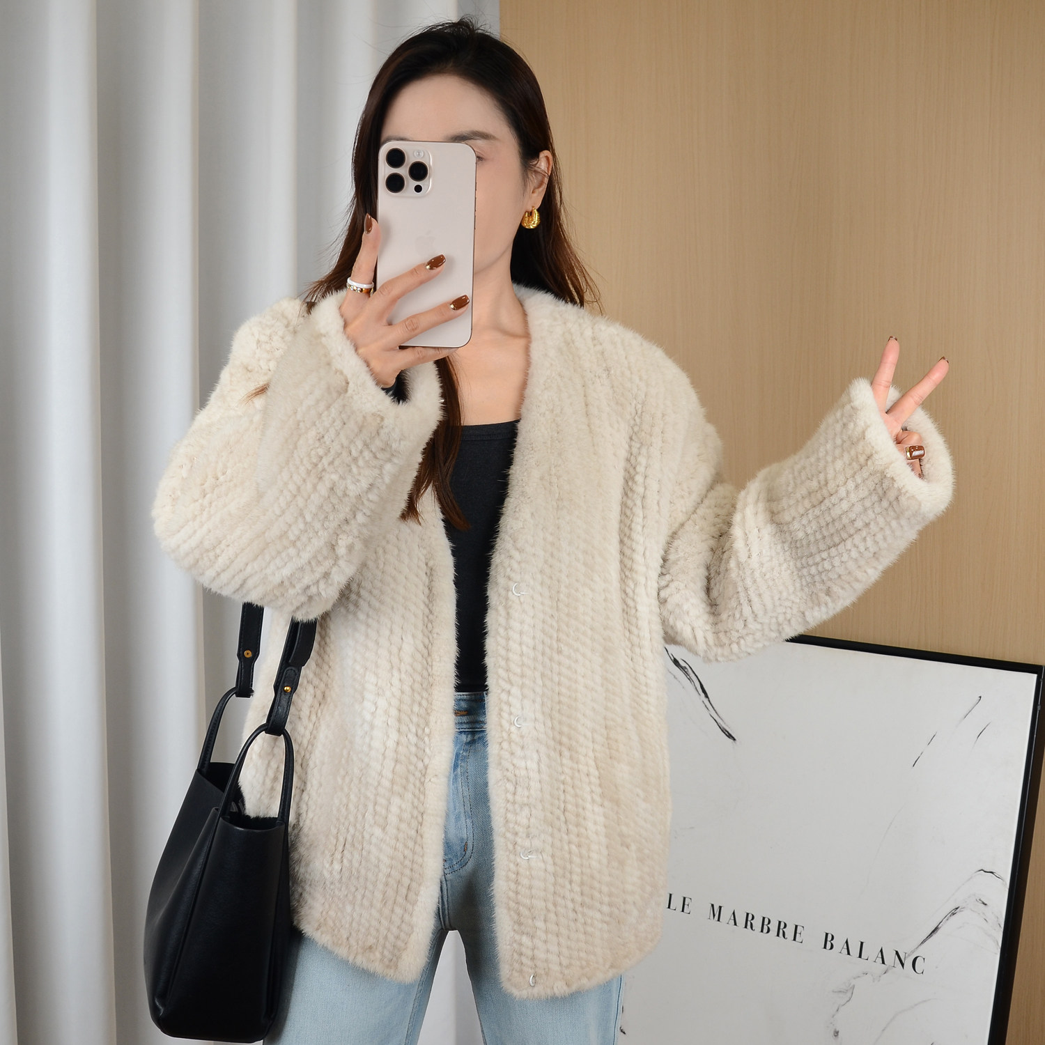 进口水貂女士上衣珍珠色贵气慵懒貂编织外套加厚貂毛编织皮草衣服
