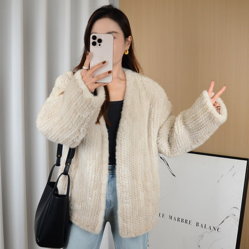 进口水貂女士上衣珍珠色贵气慵懒貂编织外套加厚貂毛编织皮草衣服