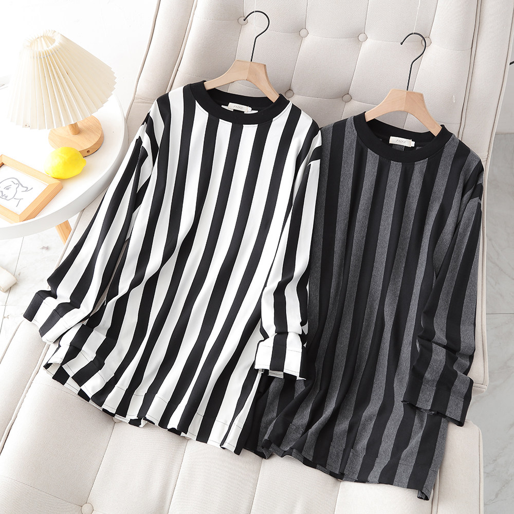 大码女装长袖T恤200斤胖mm新款条纹显瘦时尚中长款宽松圆领上衣