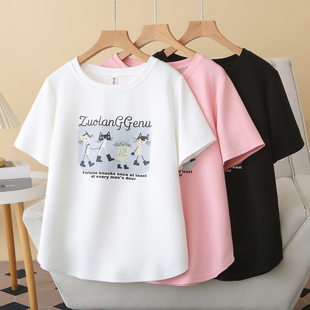宽松上衣百搭卡通猫咪印花宽松T恤 2026初夏新款 200斤胖MM大码 女装
