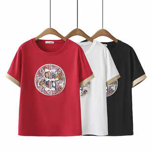 2024初夏新款大码女装上衣200斤胖MM新中式复古国风刺绣短袖T恤