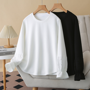 2026春季新款大码女装200斤胖mm圆领蕾丝拼接宽松长袖打底T恤上衣