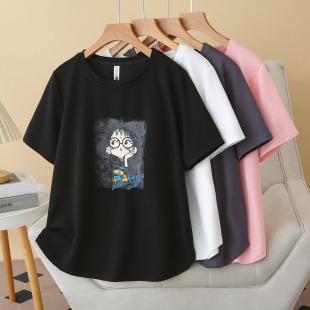 T恤200斤胖MM初夏2026新款 短袖 宽松卡通印花圆领百搭上衣 女装 大码