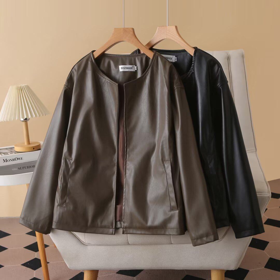 大码女装200斤胖MM甜酷复古皮衣外套2025时髦秋季ins机车圆领夹克