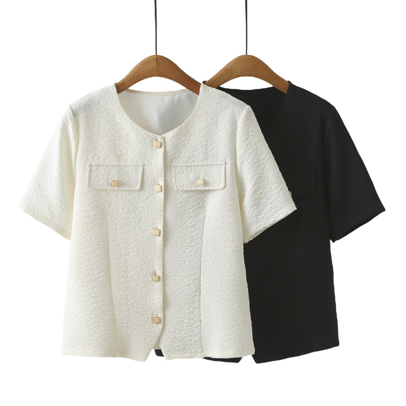 大码小香风别致衬衫上衣2025夏季新款胖mm宽松显瘦遮肉短袖衬衫