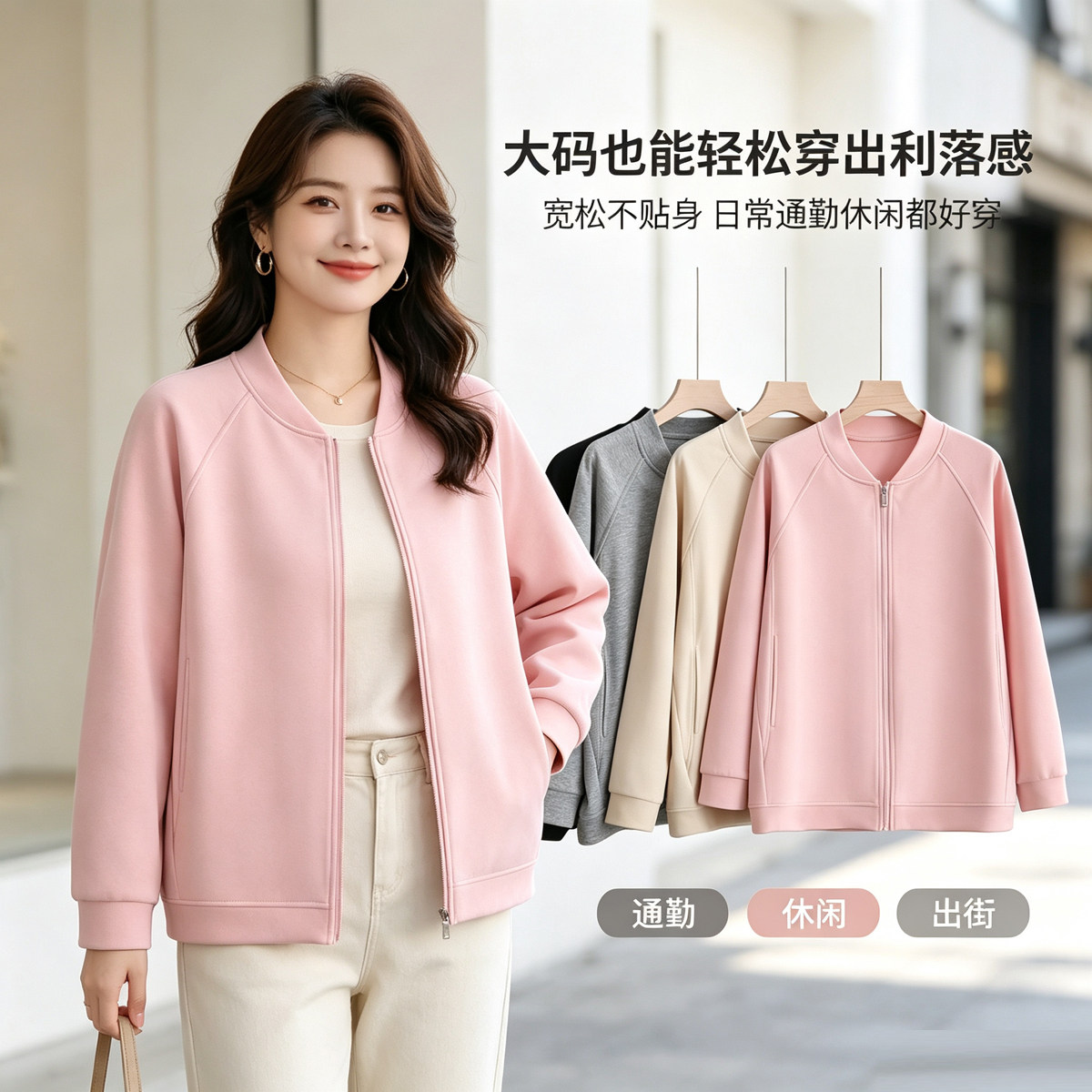 大码女装时尚百搭休闲纯色夹克衫