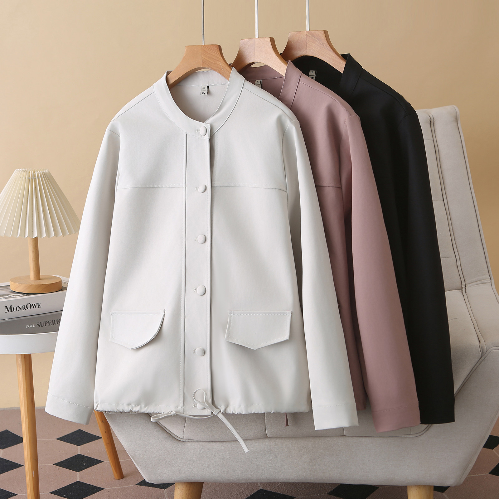 大码女装2026早春新款外套200斤胖MM简约纯色显瘦百搭圆领夹克