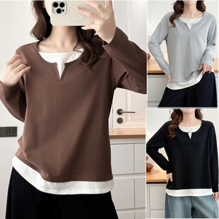 新款 大码 百搭圆领假两件上衣200斤胖MM休闲2026春季 时尚 T恤 女装