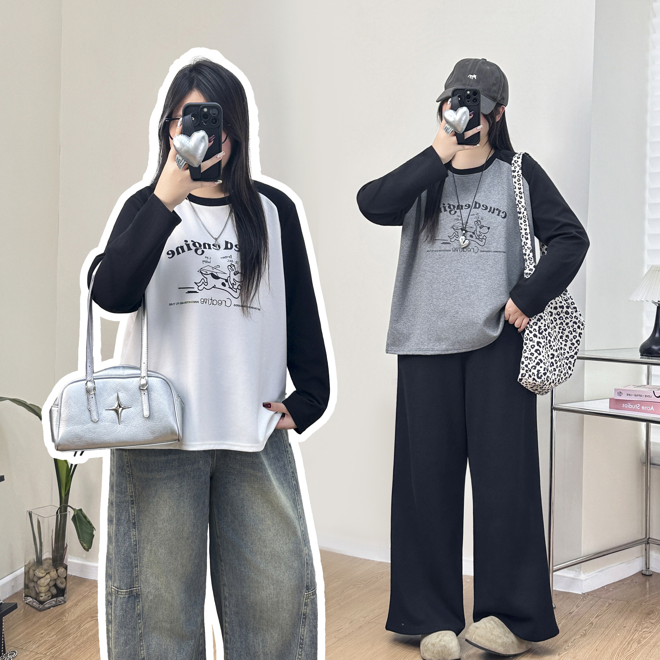 大码女装小狗印花打底上衣200斤胖MM春秋新款宽松撞色圆领卫衣