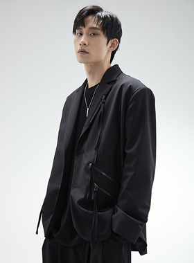 DIMC刘宇刘畅同款拉链飘带西服 潮流设计感黑色宽松设计西装外套