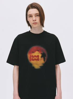 SAMESAME23SS落日黄昏手绘印花重磅短袖国潮牌男女情侣小领口T恤