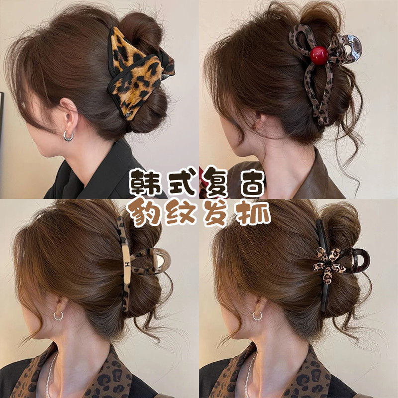 韩系复古豹纹抓夹女2025新款气质后脑勺显发量鲨鱼夹小众设计头饰
