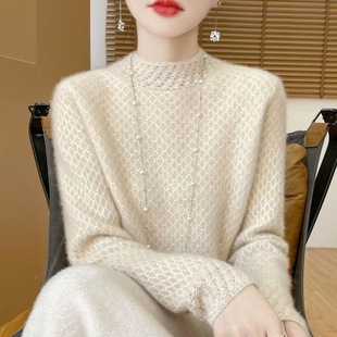 重工镂空钩花半高领100%纯羊毛衫女长袖针织衫毛衣宽松羊绒打底衫