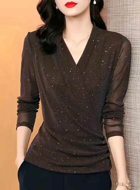 2026秋季新款时尚百搭v领长袖t恤女装弹力网纱打底衫洋气上衣