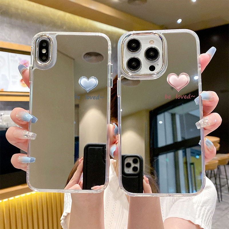 高级感简约苹果17proMax手机壳带镜子防摔保护套iphone 16 15 14 plus女生小爱心化妆镜高清镜面保护壳