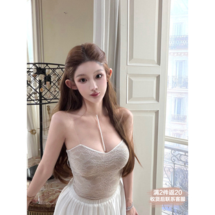Joey【白樱】两色蕾丝珍珠透明肩带吊带背心女内搭外穿挂脖上衣夏