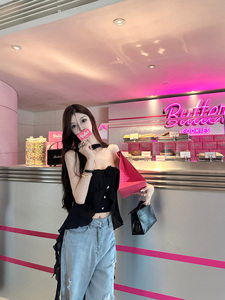 JOEY山茶花雪纺缠绕抹胸挂脖无袖别致甜辣风上衣夏季吊带小背心女