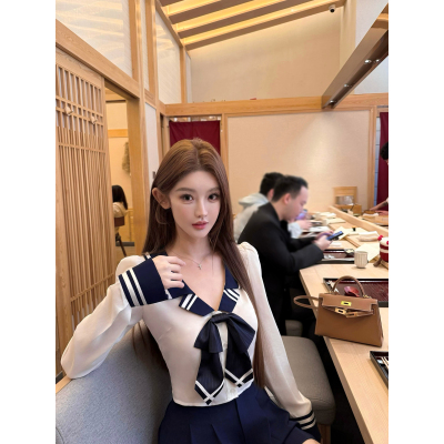 JOEY “天生精致套组”蓝白色JK套装衬衣半裙雪纺衬衫上衣女