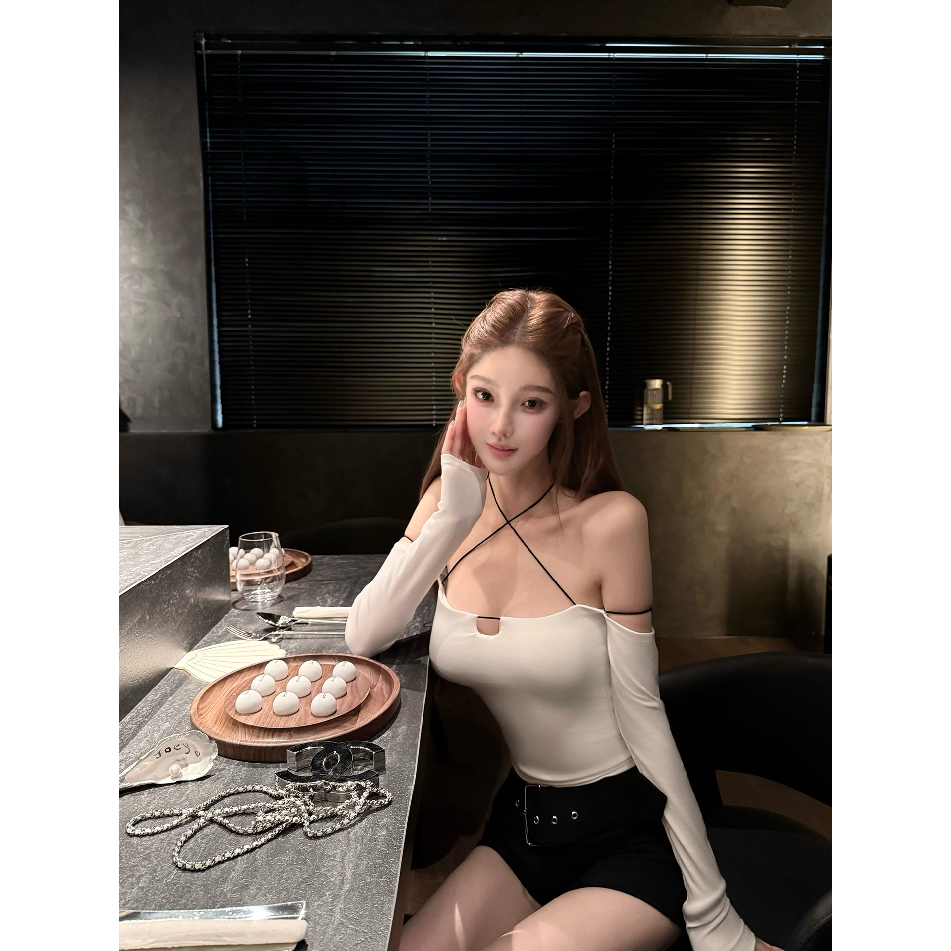 JOEY纯欲鼻祖来了/推荐 白色一字领撞色打底衫女内搭长袖t恤上衣