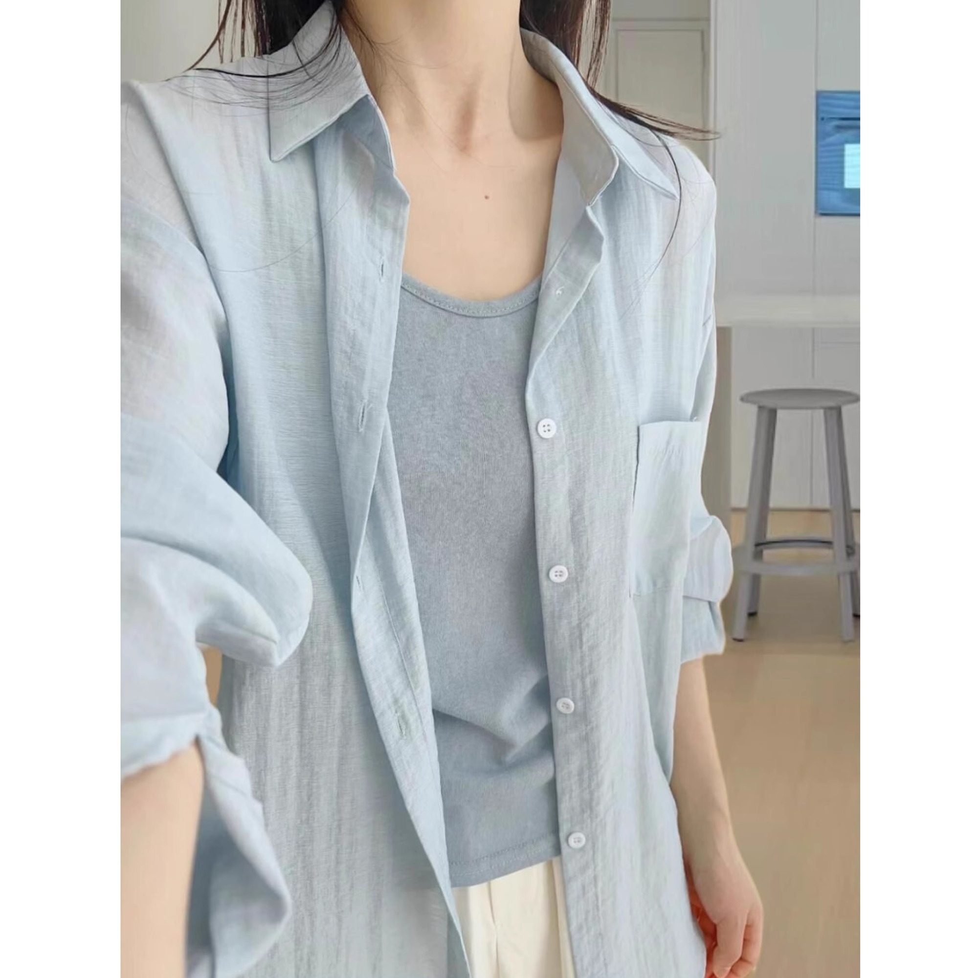 蓝色防晒衬衫开衫薄款女夏季防晒衣外套大码女装胖mm吊带外搭上衣