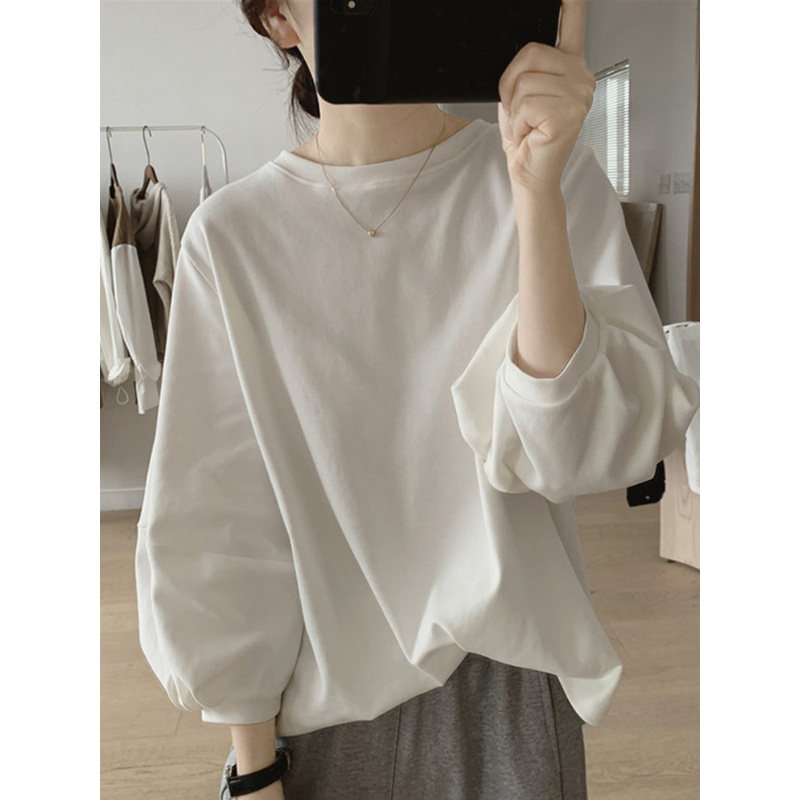 白色长袖t恤女春秋新款气质宽松灯笼袖体恤打底衫显瘦正肩上衣