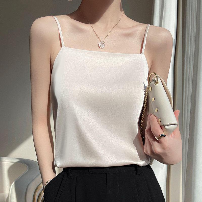 西装内搭一字领仿真丝吊带背心女气质醋酸缎面打底衫无袖上衣