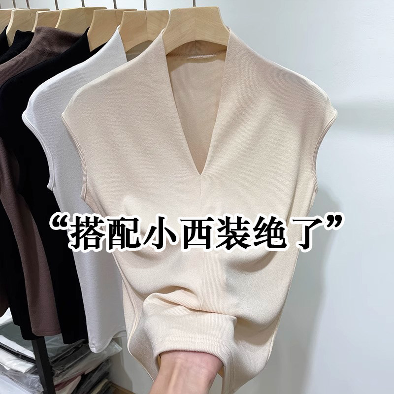 配西装的内搭女欧货通勤百搭包袖无袖T恤上衣V领修身显瘦打底背心