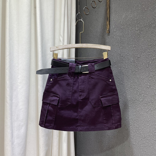 紫色工装牛仔半身裙a字包臀短裙