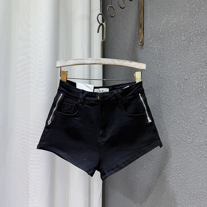 2025夏季新款高腰显瘦辣妹黑色拉链牛仔短裤女小个子a字阔腿热裤
