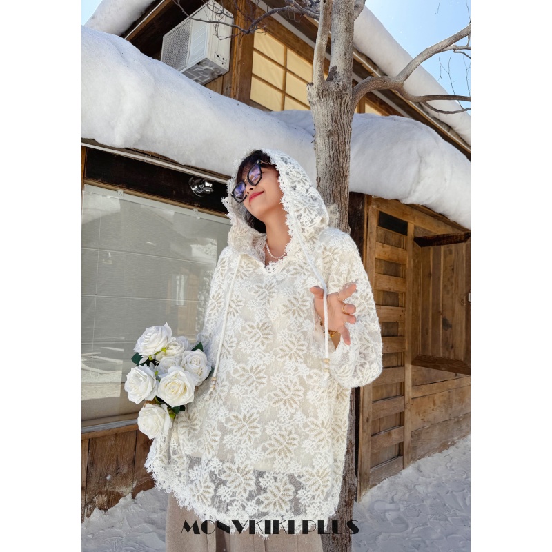 大码微胖金纱线蕾丝连帽上衣T恤