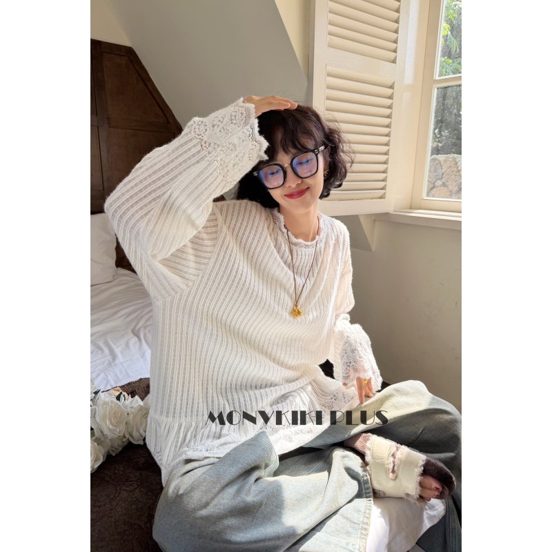 大码微胖毛绒软蕾丝打底上衣T恤