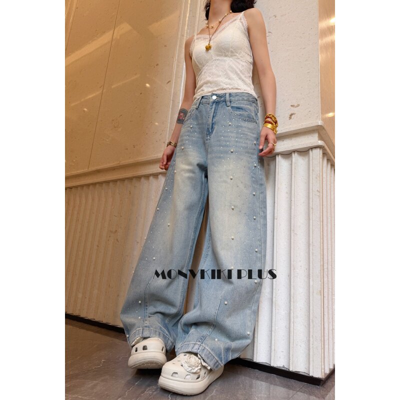 MoNvKiKiPlus10「海洋奶盖」微胖大码钉珠烫钻阔腿牛仔裤#Y98
