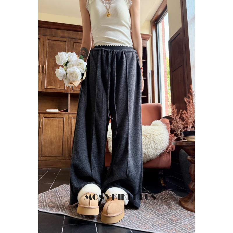 大码微胖结构设计毛厚松紧阔腿裤