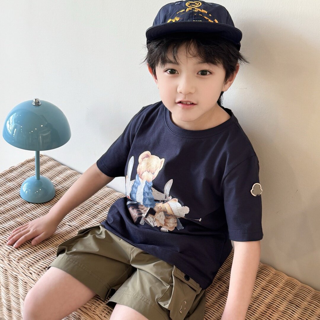 今今家小徽章卡通小熊积木印花短袖T恤儿童纯棉休闲上衣男女童装