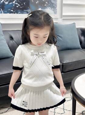 女童毛衣套装连衣裙2026新款儿童蝴蝶结半袖针织衫春秋套装半裙子