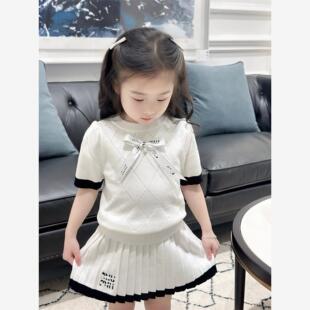 女童毛衣套装连衣裙2025新款儿童蝴蝶结半袖针织衫春秋套装半裙子