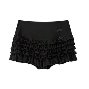 LIULIUGE 自制蝴蝶结黑色半身裙芭蕾风高腰层层木耳边蓬蓬蛋糕裙