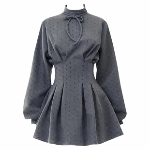 冬季法式辣妹灰色波点收腰长袖连衣裙衬衫裙女秋冬短款裙子短裙
