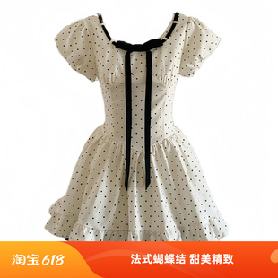 夏季法式少女风26甜美蝴蝶结连衣裙小个子穿搭时尚波点方领短裙女