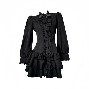 LIULIUGE 设计感黑色哥特复古秋气质收腰蕾丝蛋糕裙花边连衣短裙