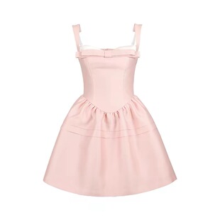 粉色蝴蝶结醋酸拼接仿丝毛公主轻礼服吊带背心连衣裙黑色蓬蓬短裙