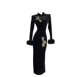 金竹 仿狐狸毛黑色丝绒旗袍长袖 LIULIUGE新中式 国风高级定刺绣厚款
