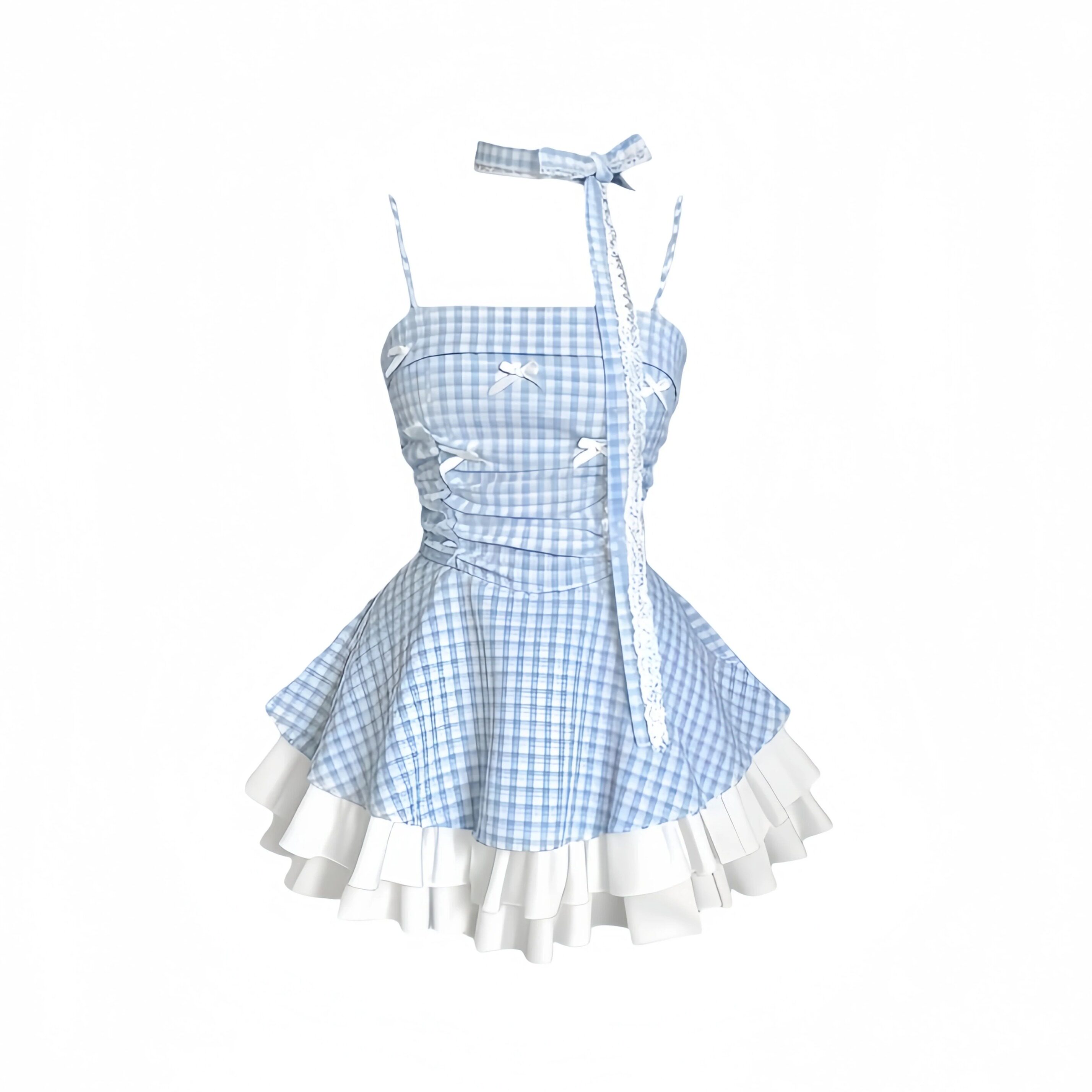 夏日绝美性感蝴蝶结吊带抹胸蓝色格纹裙高腰显瘦荷叶边蓬蓬短裙