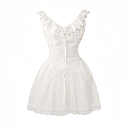 白色奶甜小飞袖收腰吊带蓬蓬裙