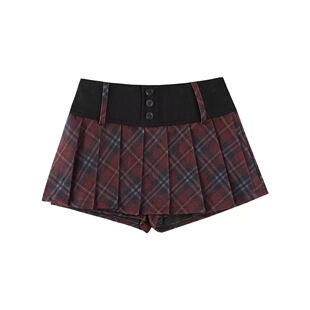 自制美式 辣妹格子裙小个子宽腰头超短百褶半裙红色格纹jk半身裙裤