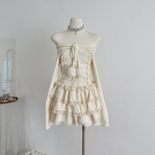 女 针织蛋糕裙套装 LIULIUGE 早秋绝美奶油色原创甜美秋冬露肩毛衣