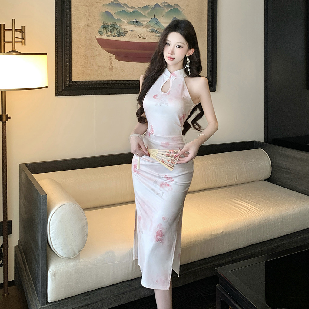 新中式无袖改良旗袍连衣裙少女日常可穿修身显瘦开叉约会礼服长裙